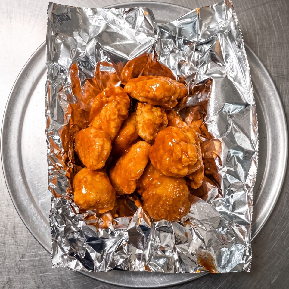 Glazed orange chicken wings arranged in foil on a metal plate.